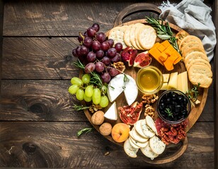 Assorted cheese, fruit, crackers, and nuts platter on wooden tray