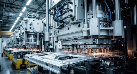 Stamping press line with large electric vehicle door panels being formed precisely by powerful mechanical presses.