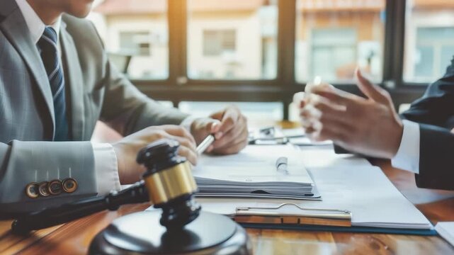 Two people in suits review paperwork with a gavel, likely attorneys, at a wooden table near a window in an office, indicating a legal process or negotiation is taking place.