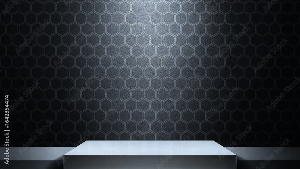 Poster minimalist stage or podium display with black hexagon pattern background. product presentation, mock