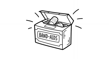 Monochrome Illustration of Open Bandage Box with Multiple Plasters on White Background