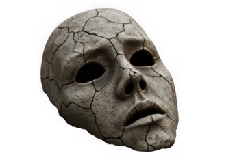 Cracked and weathered mask with hollow eyes on transparent  background