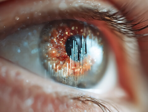 A human eye with a digital graph and data visualization projected on it, symbolizing technology, data analysis, artificial intelligence, and the future. - Powered by Adobe