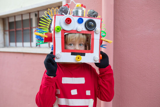 Boy dressed DIY robot mask 