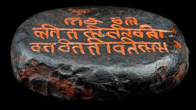 Weathered stone with Sanskrit script inscription in vibrant orange on a dark surface.