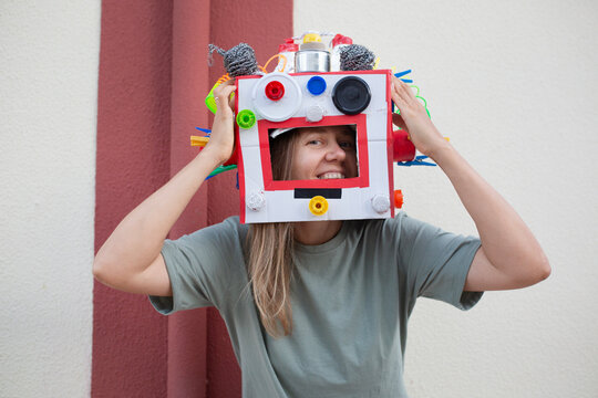 Woman dressed robot mask 