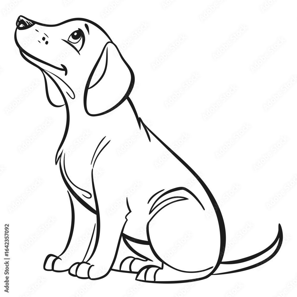 Poster line art drawing of a dog sitting with its head tilted upwards and looking to the left side of the i