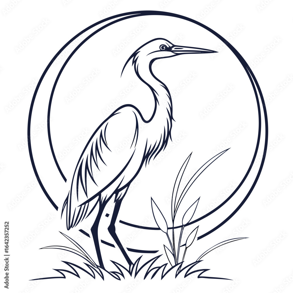 Poster elegant heron illustration standing gracefully in a circle with grass and reeds design element creat