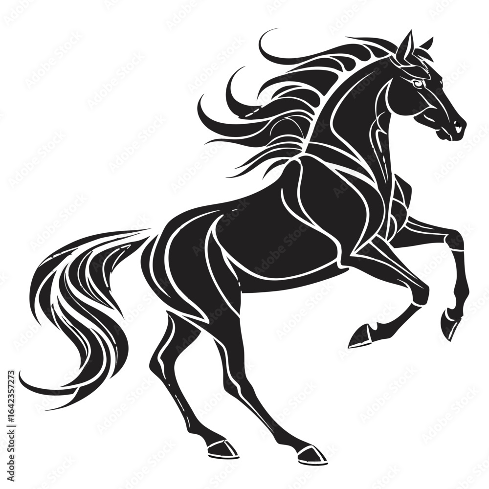 Poster silhouette of a rearing black horse with flowing mane and tail in a stylized vector illustration des
