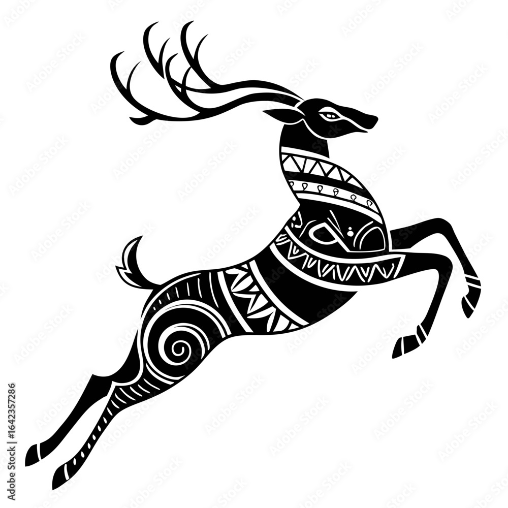 Poster Stylized black and white reindeer leaping with decorative patterns and intricate antler design element art created with generated ai