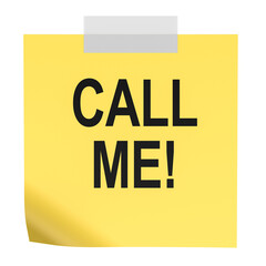 Call Me, yellow sticky note. 3D rendering