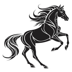 Obraz premium Silhouette of a rearing black horse with flowing mane and tail in a stylized vector illustration design created with generated ai