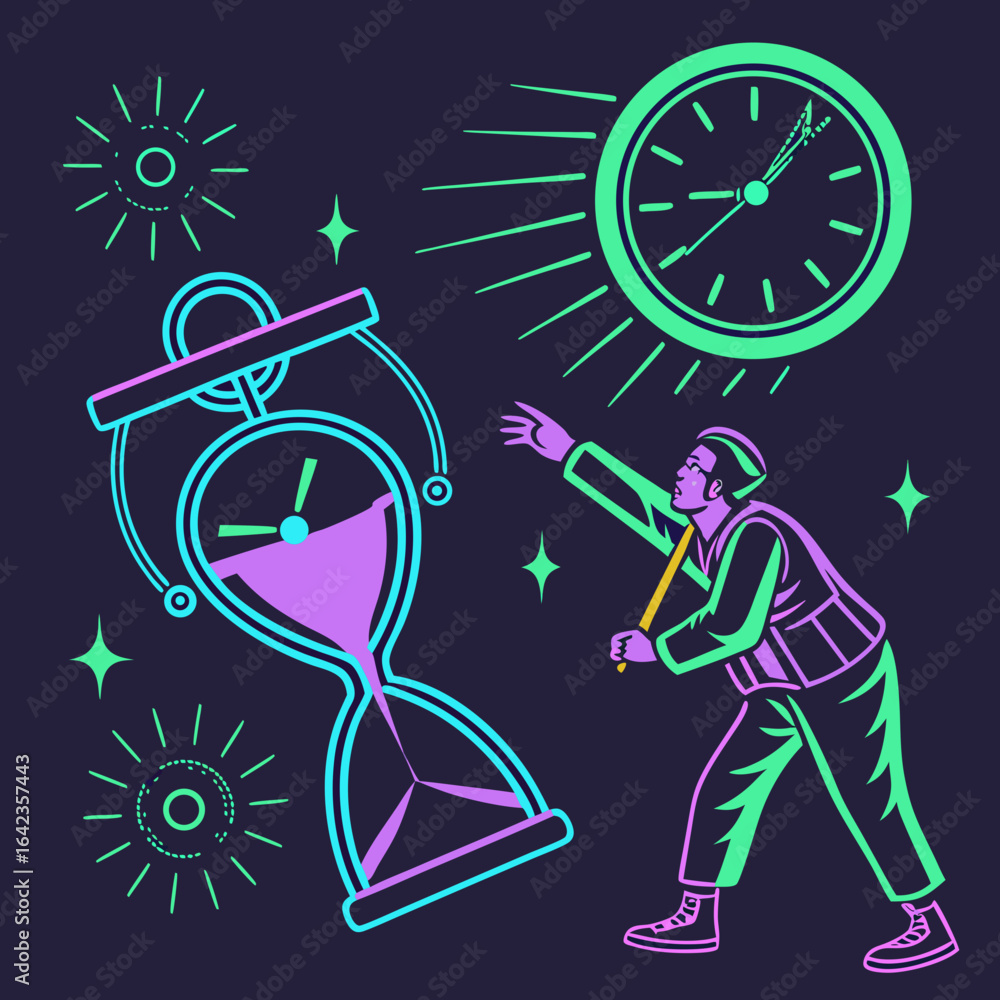 Aufkleber man reaching for a clock and hourglass with stars and sunbursts in a neon color scheme illustration 