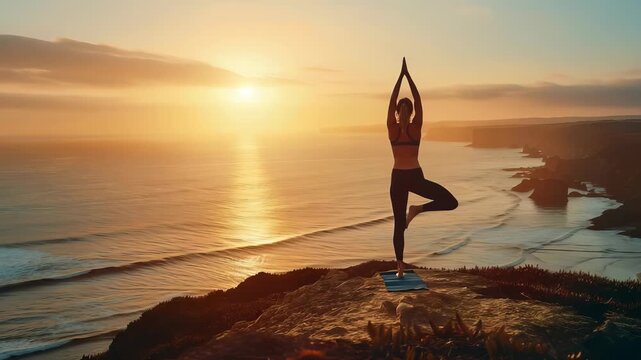 A woman in athletic wear practices yoga in tree pose on a yoga mat, atop a cliff at sunset with the ocean as a backdrop. The scene is peaceful and focused on health and wellness.