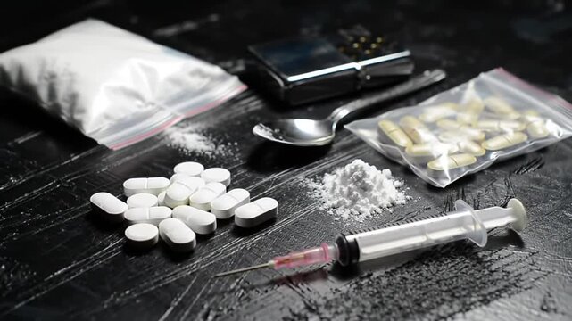 Drug Paraphernalia Syringe Pills and Powder on Dark Reflective Surface Still Life