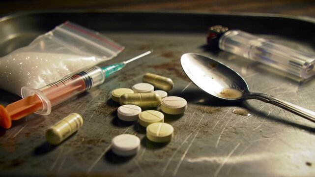 Drug Paraphernalia on a Metal Tray with Pills Syringe and Spoon in Dark Lighting