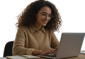 Young woman working on laptop with a smile on transparent background 