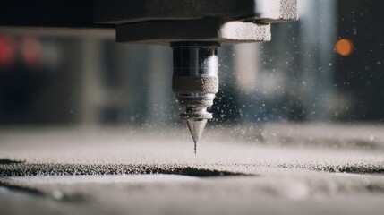 A closeup of the robotic printers nozzle as it extrudes a fine stream of binding agent visibly merging with the sand to create a cohesive layer within the mold structure.