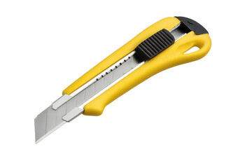 Yellow utility knife with retractable blade on transparent background