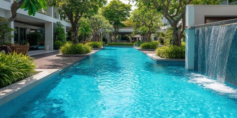 Fototapeta premium Modern swimming pool surrounded by tropical greenery and sunlight 