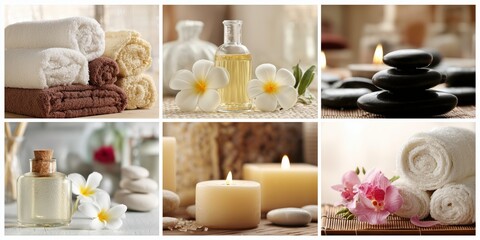 Spa setting with towels, candles, stones, and floral elements