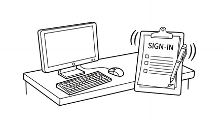 Monochrome Line Drawing of Computer Setup with Sign-In Clipboard on Desk in White Background Depicting Office Technology and Minimalist Design