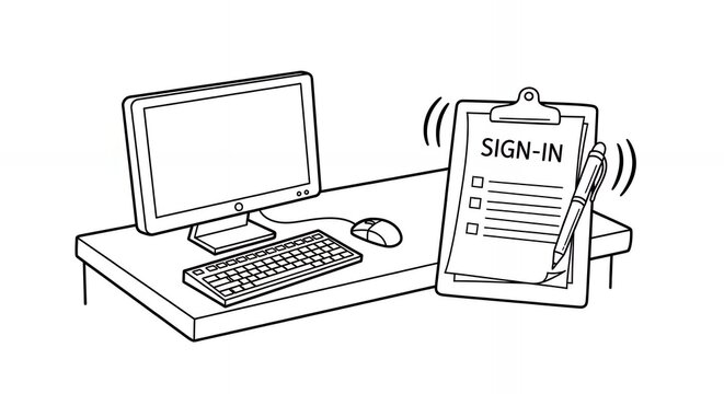 Monochrome Line Drawing of Computer Setup with Sign-In Clipboard on Desk in White Background Depicting Office Technology and Minimalist Design