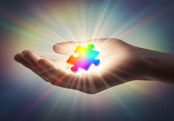 Hand holding glowing rainbow puzzle piece autism ADHD neurodiversity awareness hope concept