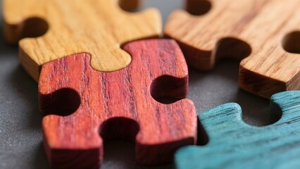Close up of colorful wooden puzzle pieces autism ADHD neurodiversity inclusion awareness