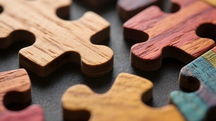 Close up of colorful wooden puzzle pieces autism ADHD neurodiversity inclusion awareness