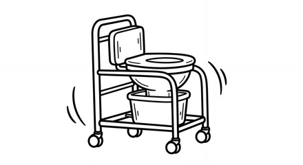 Monochrome Portable Commode Illustration with Wheels and Removable Container on White Background