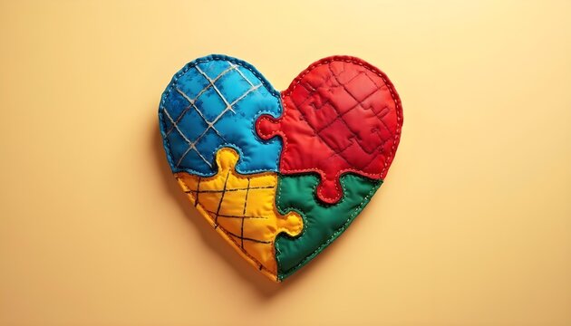 Colorful fabric heart puzzle autism ADHD neurodiversity awareness handmade concept
