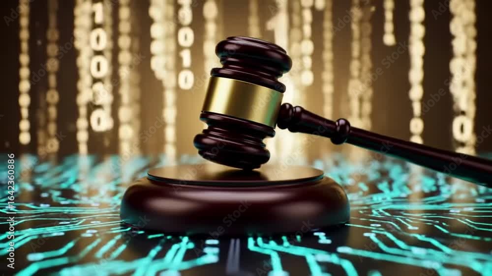 Aufkleber gavel on circuit board against binary code background in cyber law concept