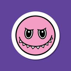 Fototapeta premium scary emoji with nine sharp teeth, cute monster face sticker, black outline, vector design element