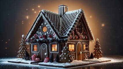 Magical Gingerbread House with Intricate Icing and Warmly Glowing Windows