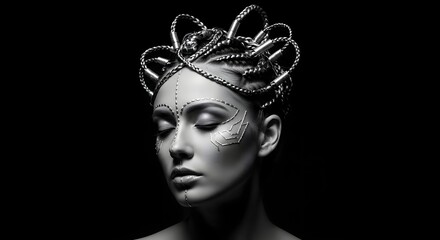 Serene monochromatic portrait of a woman adorned with an intricate, futuristic metal headpiece and delicate facial patterns, embodying grace and inner contemplation.