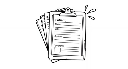 Patient Medical Clipboard with Paperwork in Black and White Illustration With Medical Records and Health History Simple Clip Art