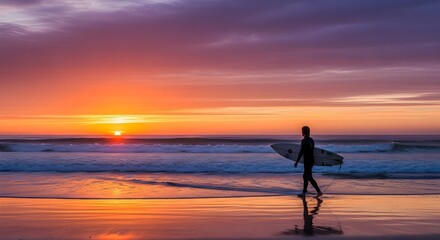 A silhouetted surfer carries a board along the wet sand with a dramatic purple and orange sunset reflecting in the water.