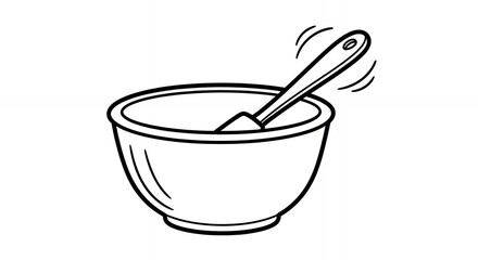 Simple Black And White Line Art Illustration Of A Round Bowl And Spoon Mixing Ingredients On A White Backdrop