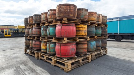 Stacked wooden barrels on pallets, diverse colors, outdoor setting, industrial storage creating an