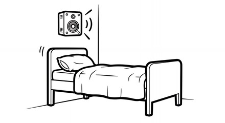 Simple Black and White Line Drawing of a Bed with a Pillow Blanket and a Square Device Mounted on the Wall in a Minimalist Interior Design