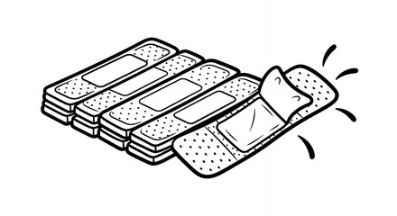 Simple Black and White Line Art of Stacked Adhesive Bandages Medical Supplies and Wound Care Essentials for First Aid in Minimalist Style