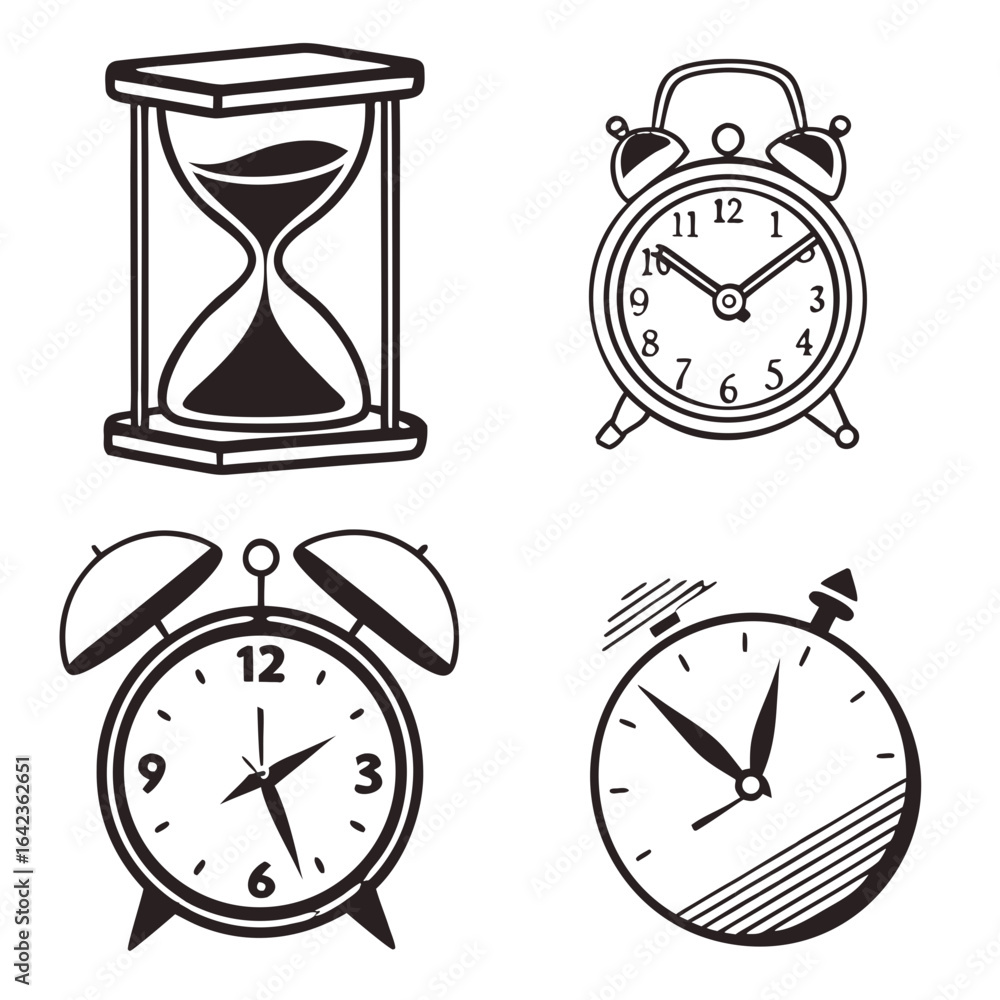 Poster illustration showing an hourglass and three different alarm clocks in a black and white drawing styl