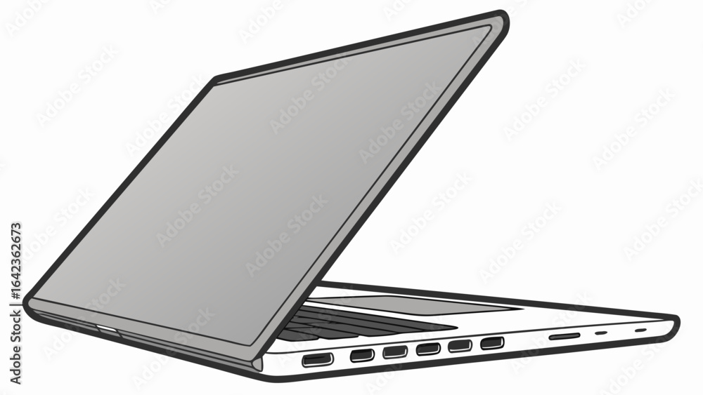 Aufkleber a laptop computer with a gray screen and keyboard is shown at an angle in a white background view cr
