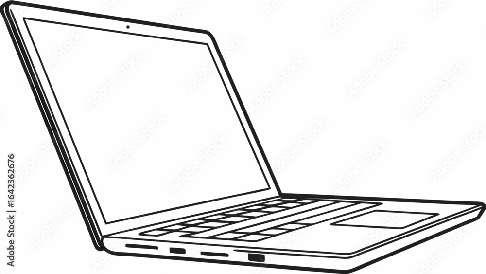 Poster illustration of an open laptop with a keyboard and ports visible along the side in a line drawing st