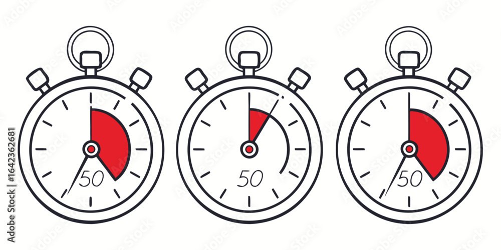 Poster three stopwatches showing different times with red fill and black outline on a white background desi