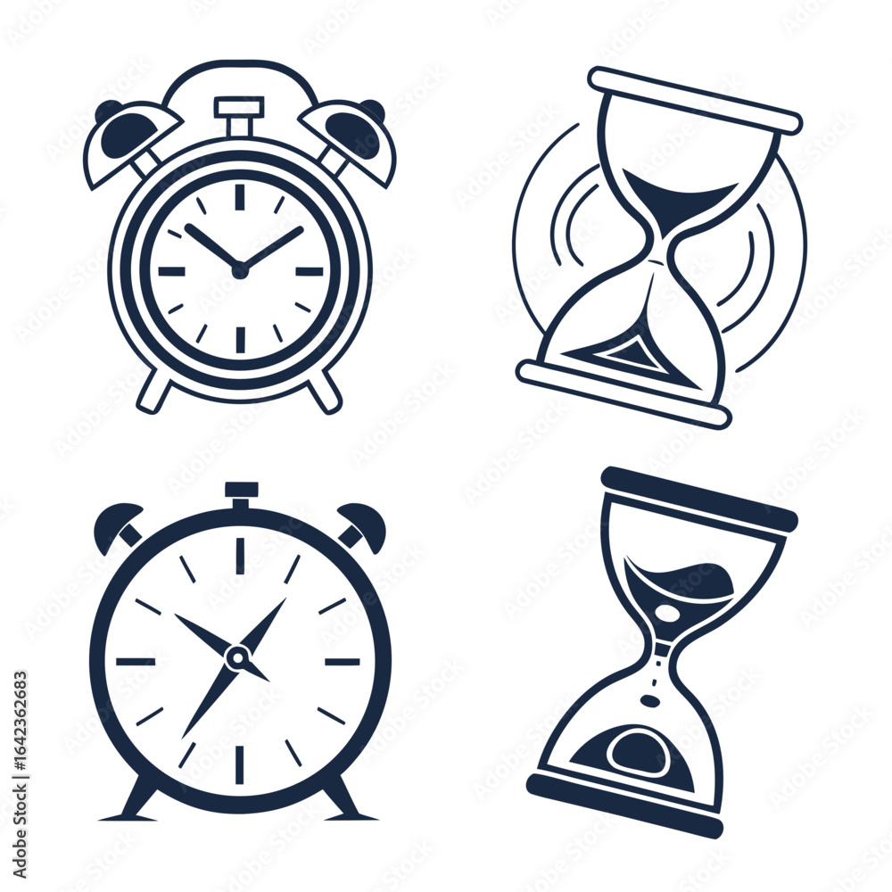 Poster illustration showing two alarm clocks and two hourglasses symbolizing time and deadlines approaching