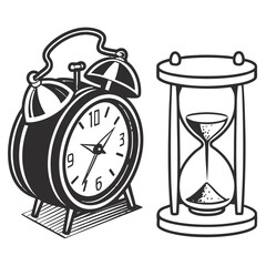 Illustration showing a vintage alarm clock with bells and an hourglass filled with sand on white background created with generated ai