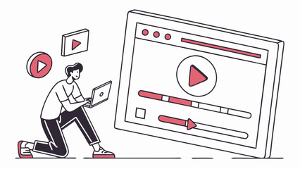 Man using laptop with video player interface and play icons in a modern line art style illustration created with generated ai