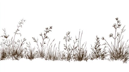 Brown ink sketch of grass and wildflowers along a base on white background